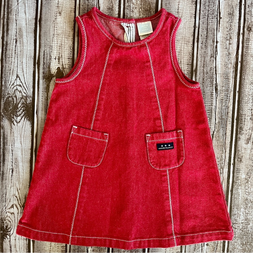 Janie & Jack Denim Jumper Dress Sz 6-12 Months Red